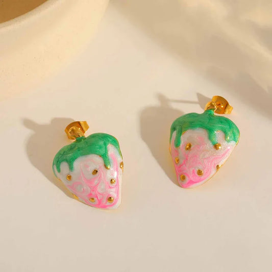 1 Pair Cute Sweet Strawberry Enamel Plating 304 Stainless Steel 18K Gold Plated Ear Studs