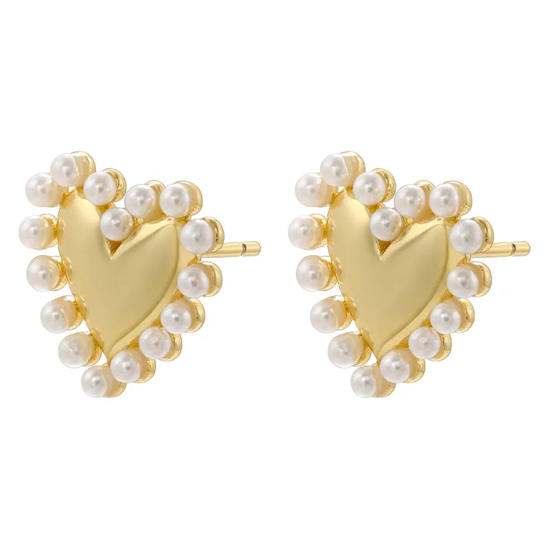 Heart Shape Plating Inlay Copper Artificial Pearls Zircon 18k Gold Plated Ear Studs