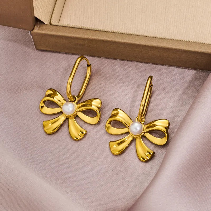 1 Pair Elegant Bow Knot 316 Stainless Steel 18K Gold Plated Drop Earrings