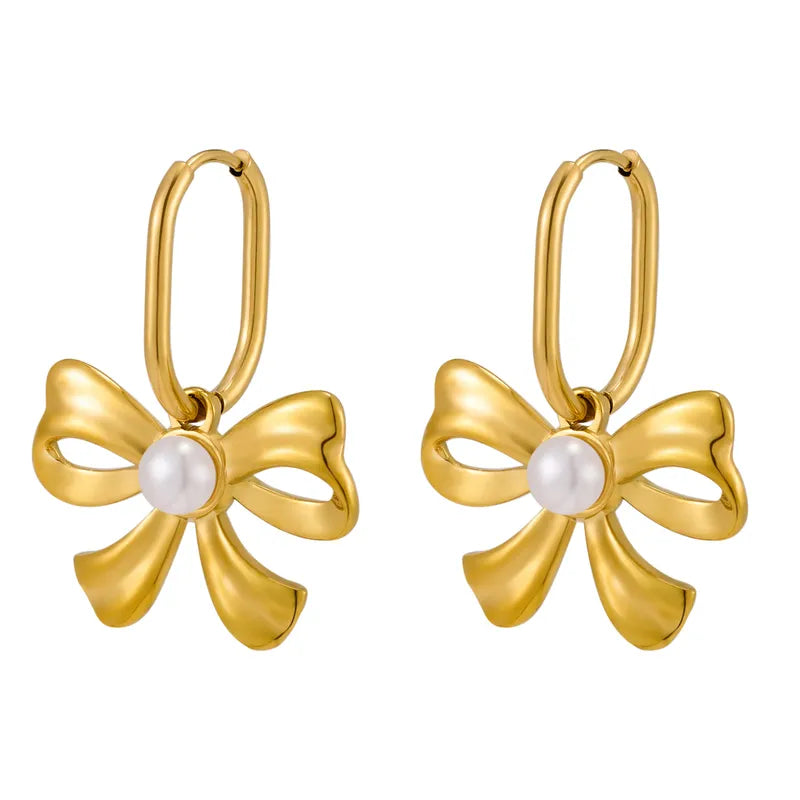 1 Pair Elegant Bow Knot 316 Stainless Steel 18K Gold Plated Drop Earrings