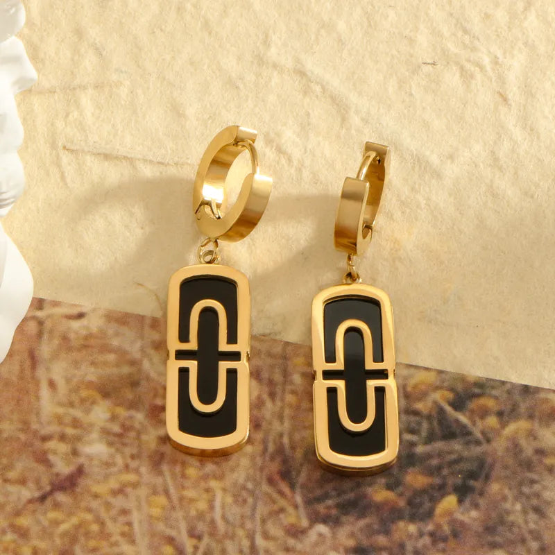 1 Pair Elegant Classic Style Geometric Rectangle Plating Inlay Titanium Steel Shell 18K Gold Plated Drop Earrings