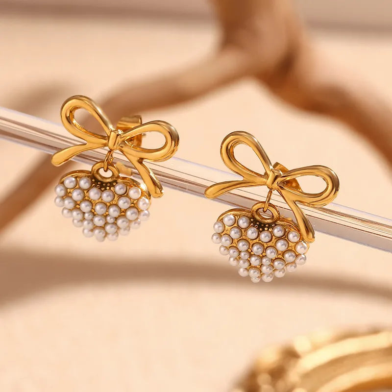 1 Pair Elegant Classic Style Heart Shape Bow Knot Plating 304 Stainless Steel 18K Gold Plated Drop Earrings