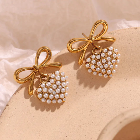 1 Pair Elegant Classic Style Heart Shape Bow Knot Plating 304 Stainless Steel 18K Gold Plated Drop Earrings