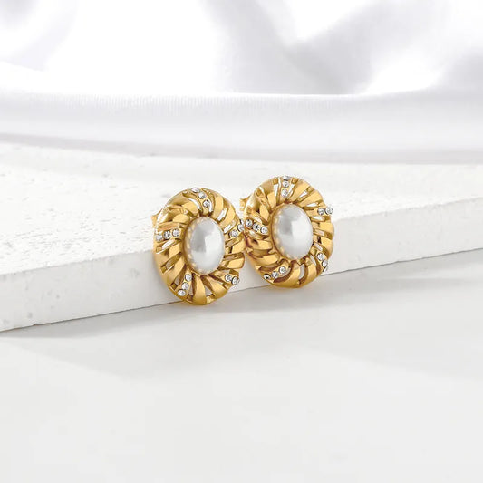 1 Pair Elegant Classic Style Oval Inlay 304 Stainless Steel Artificial Pearls 18K Gold Plated Ear Studs