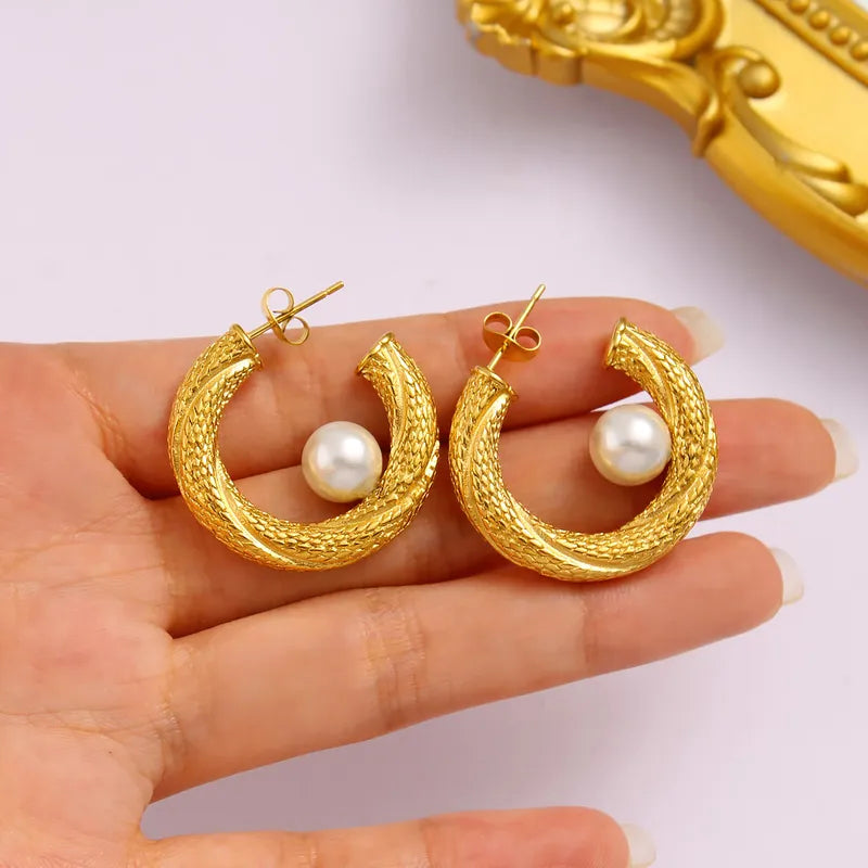 1 Pair Elegant Commute C Shape Inlay 304 Stainless Steel 316 Stainless Steel Plastic Pearl 18K Gold Plated Ear Studs