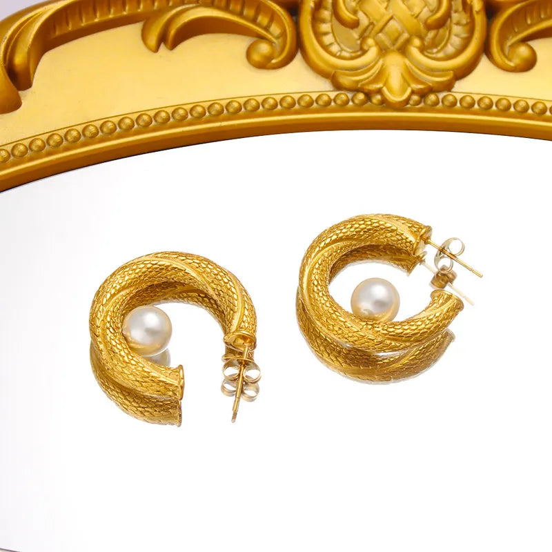 1 Pair Elegant Commute C Shape Inlay 304 Stainless Steel 316 Stainless Steel Plastic Pearl 18K Gold Plated Ear Studs