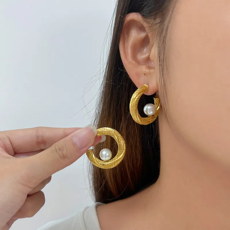 1 Pair Elegant Commute C Shape Inlay 304 Stainless Steel 316 Stainless Steel Plastic Pearl 18K Gold Plated Ear Studs