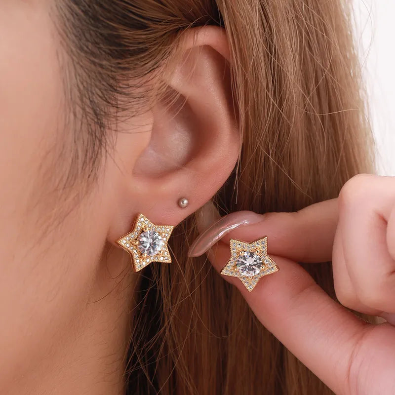 1 Pair Elegant Cute Streetwear Star Inlay Copper Zircon Ear Studs