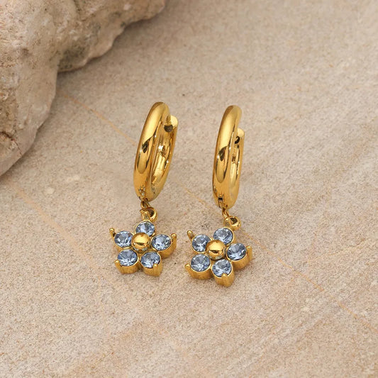 1 Pair Elegant Flower Plating Inlay 304 Stainless Steel Rhinestones 18K Gold Plated Drop Earrings