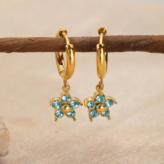 1 Pair Elegant Flower Plating Inlay 304 Stainless Steel Rhinestones 18K Gold Plated Drop Earrings