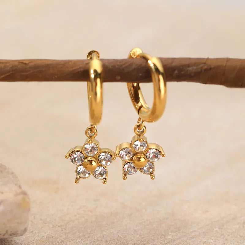 1 Pair Elegant Flower Plating Inlay 304 Stainless Steel Rhinestones 18K Gold Plated Drop Earrings