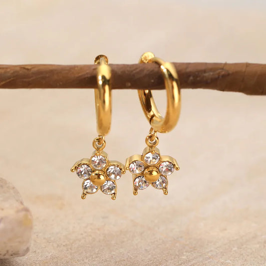 1 Pair Elegant Flower Plating Inlay 304 Stainless Steel Rhinestones 18K Gold Plated Drop Earrings