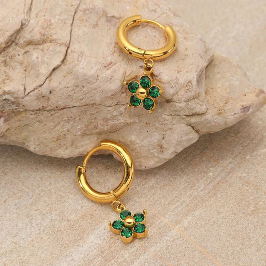 1 Pair Elegant Flower Plating Inlay 304 Stainless Steel Rhinestones 18K Gold Plated Drop Earrings