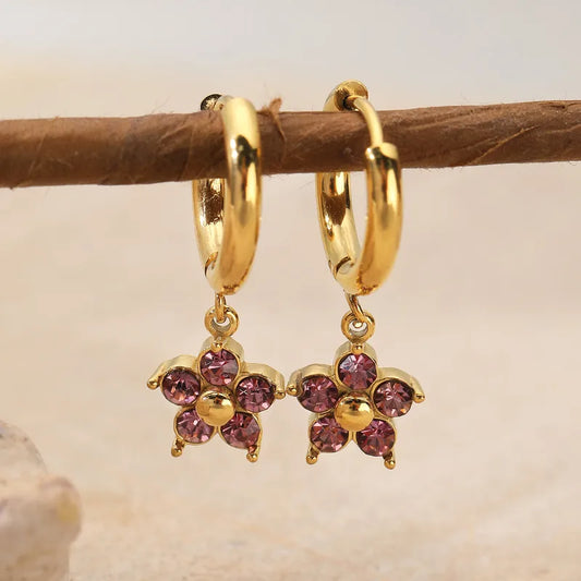 1 Pair Elegant Flower Plating Inlay 304 Stainless Steel Rhinestones 18K Gold Plated Drop Earrings