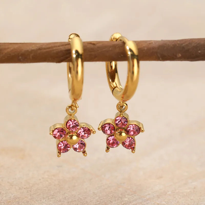 1 Pair Elegant Flower Plating Inlay 304 Stainless Steel Rhinestones 18K Gold Plated Drop Earrings