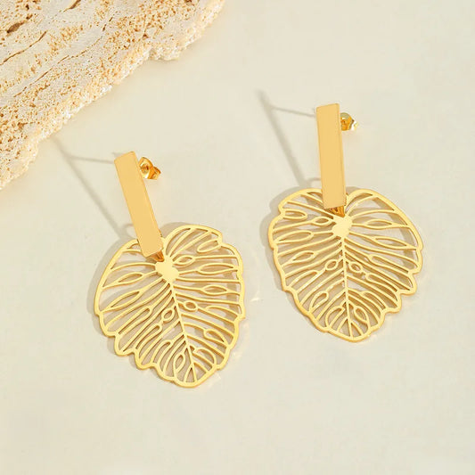 1 Pair Elegant Four Leaf Clover Moon Leaves Plating 304 Stainless Steel 18K Gold Plated Drop Earrings