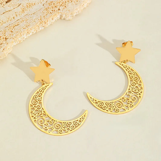 1 Pair Elegant Four Leaf Clover Moon Leaves Plating 304 Stainless Steel 18K Gold Plated Drop Earrings