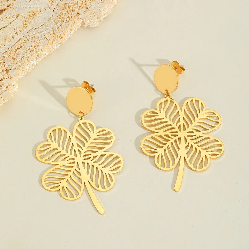 1 Pair Elegant Four Leaf Clover Moon Leaves Plating 304 Stainless Steel 18K Gold Plated Drop Earrings