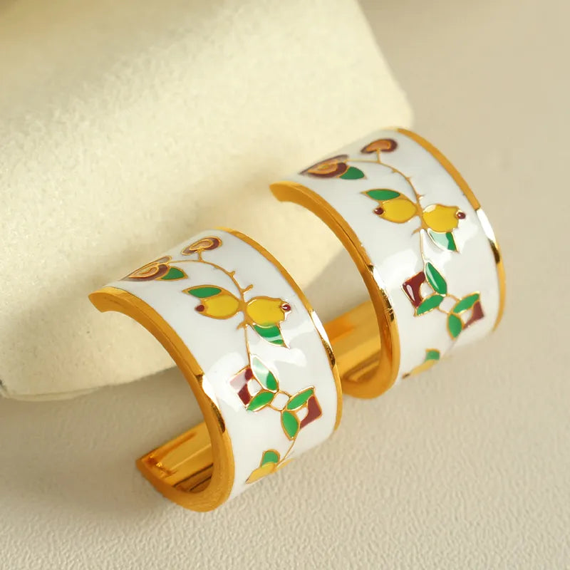 1 Pair Elegant French Style C Shape Flower Polishing Enamel 304 Stainless Steel 18K Gold Plated Ear Studs