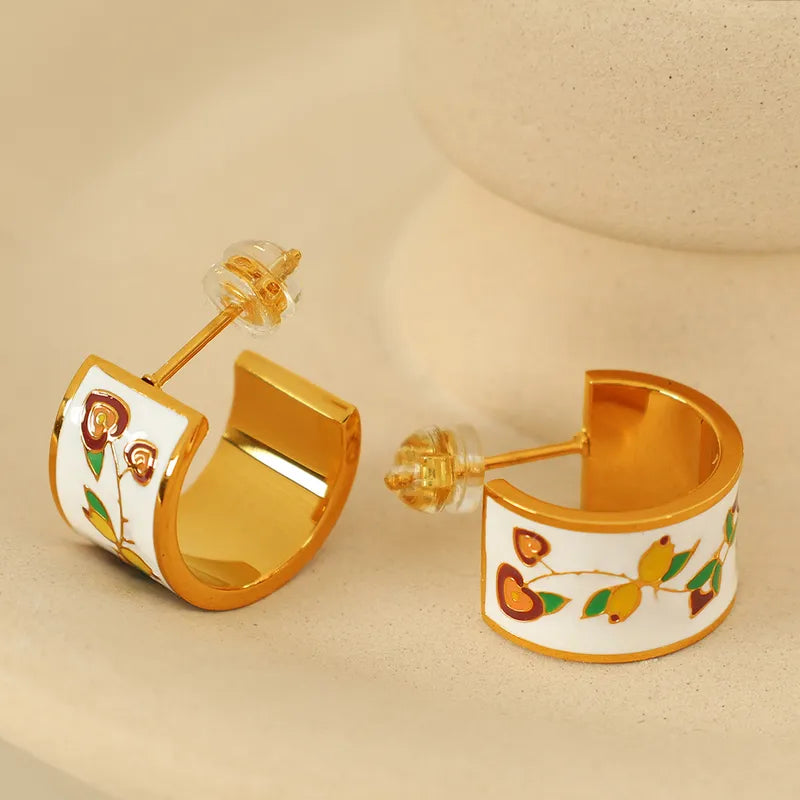 1 Pair Elegant French Style C Shape Flower Polishing Enamel 304 Stainless Steel 18K Gold Plated Ear Studs