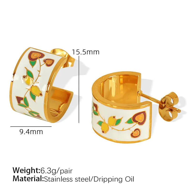 1 Pair Elegant French Style C Shape Flower Polishing Enamel 304 Stainless Steel 18K Gold Plated Ear Studs