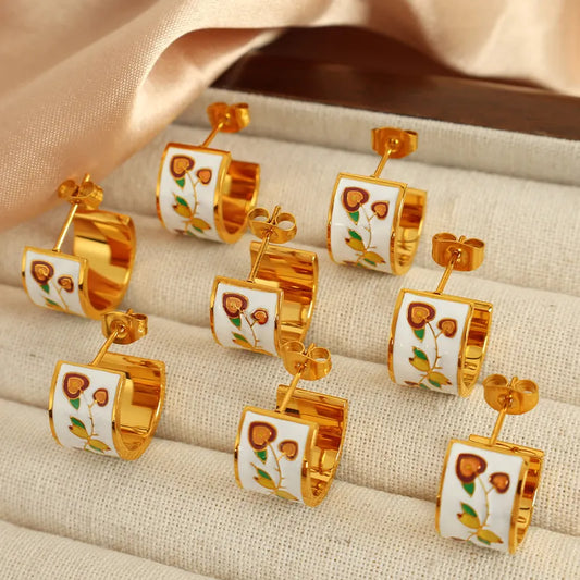 1 Pair Elegant French Style C Shape Flower Polishing Enamel 304 Stainless Steel 18K Gold Plated Ear Studs