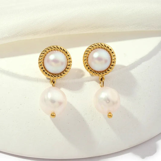 1 Pair Elegant Geometric Inlay Titanium Steel Artificial Pearls 18K Gold Plated Drop Earrings