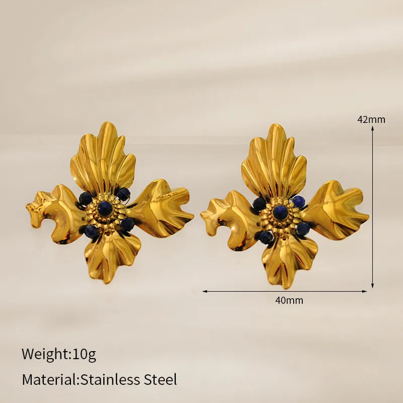 1 Pair Elegant Glam Moon Flower Butterfly Plating Inlay 304 Stainless Steel Natural Stone 14K Gold Plated Drop Earrings Ear Studs