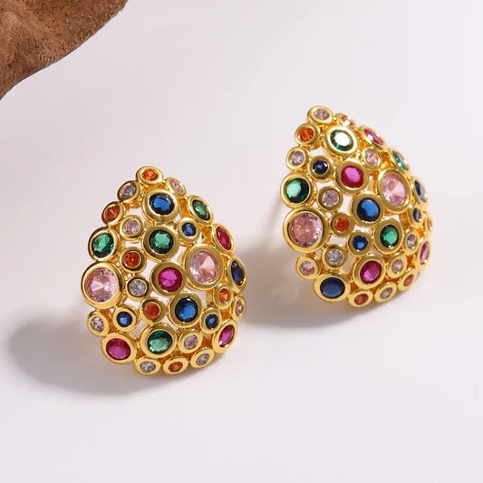 1 Pair Elegant Hawaiian Water Droplets Heart Shape Inlay Copper Zircon 18K Gold Plated Ear Studs