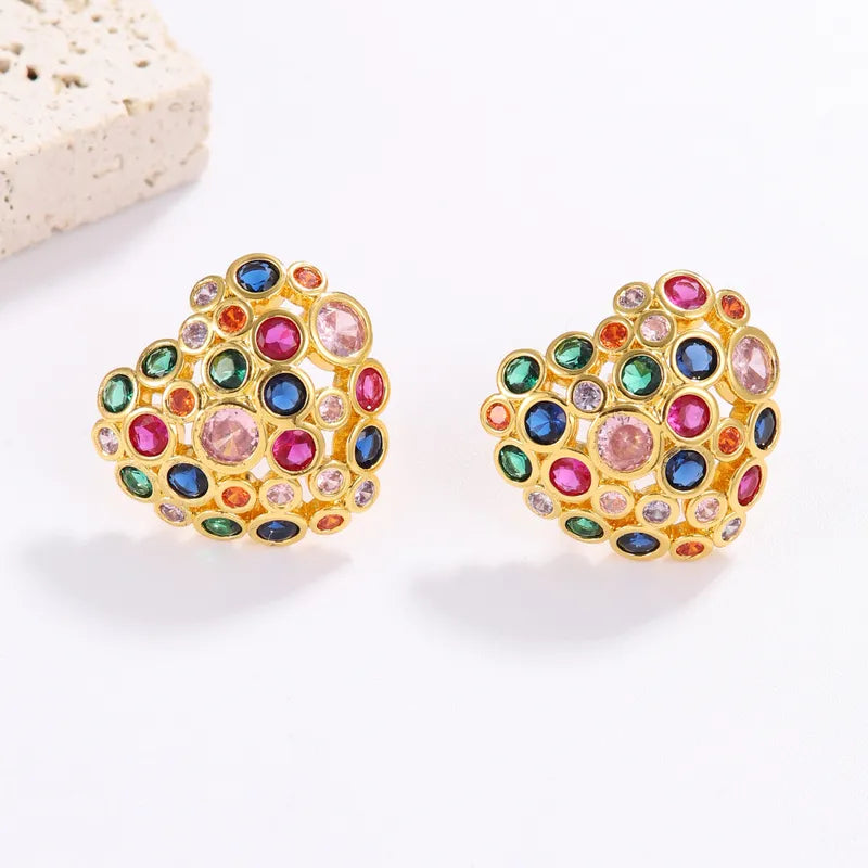 1 Pair Elegant Hawaiian Water Droplets Heart Shape Inlay Copper Zircon 18K Gold Plated Ear Studs