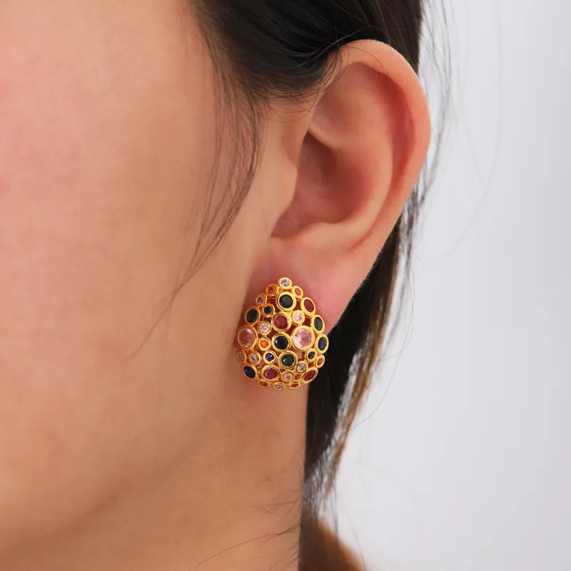 1 Pair Elegant Hawaiian Water Droplets Heart Shape Inlay Copper Zircon 18K Gold Plated Ear Studs