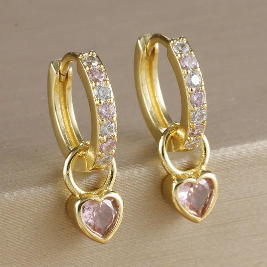 1 Pair Elegant Heart Shape Copper Zircon 18K Gold Plated Drop Earrings