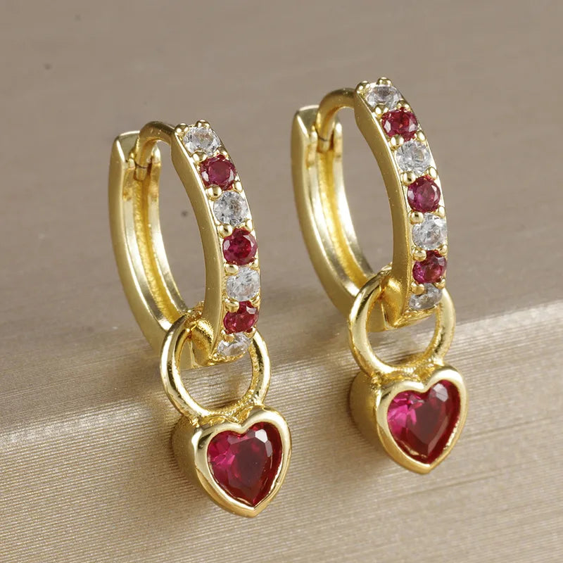 1 Pair Elegant Heart Shape Copper Zircon 18K Gold Plated Drop Earrings