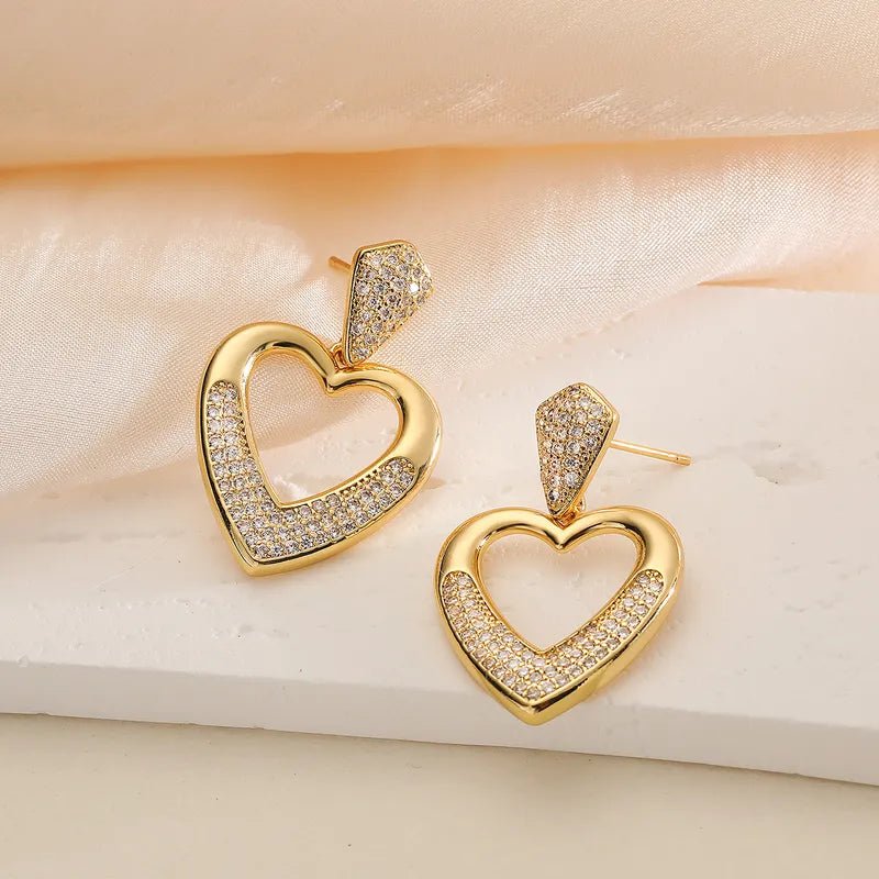 1 Pair Elegant Heart Shape Inlay Copper Zircon Drop Earrings