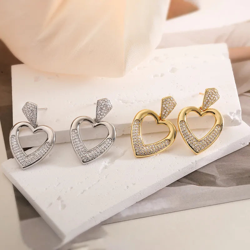 1 Pair Elegant Heart Shape Inlay Copper Zircon Drop Earrings