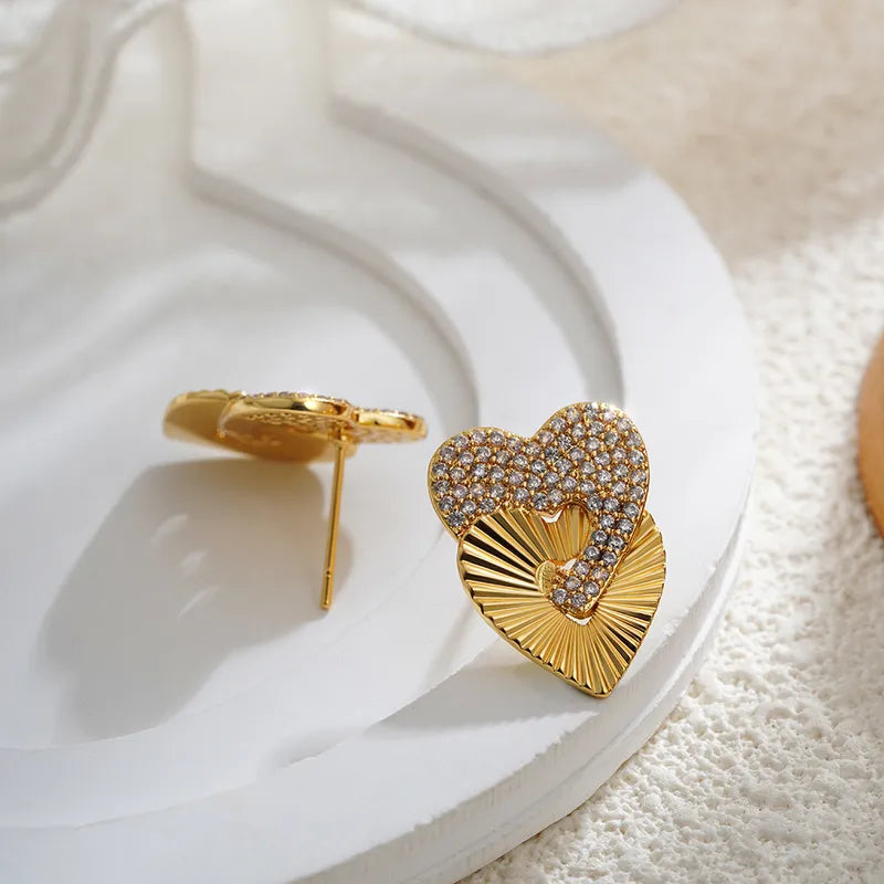 1 Pair Elegant Heart Shape Plating Copper Zircon 18K Gold Plated Ear Studs