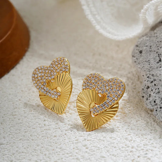 1 Pair Elegant Heart Shape Plating Copper Zircon 18K Gold Plated Ear Studs