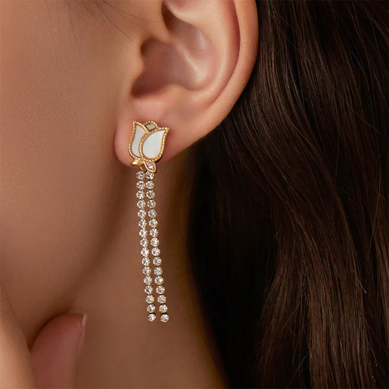 1 Pair Elegant Lady Flower Inlay 304 Stainless Steel Zircon Drop Earrings