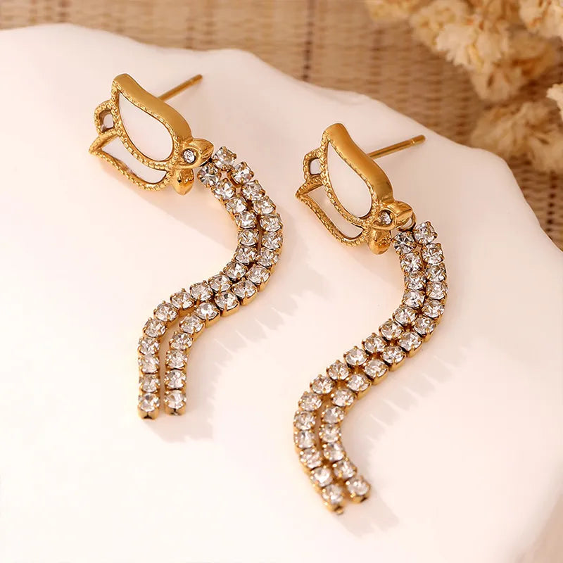 1 Pair Elegant Lady Flower Inlay 304 Stainless Steel Zircon Drop Earrings