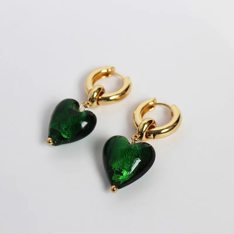 1 Pair Elegant Lady Heart Shape Inlay Brass Glass 24K Gold Plated Drop Earrings