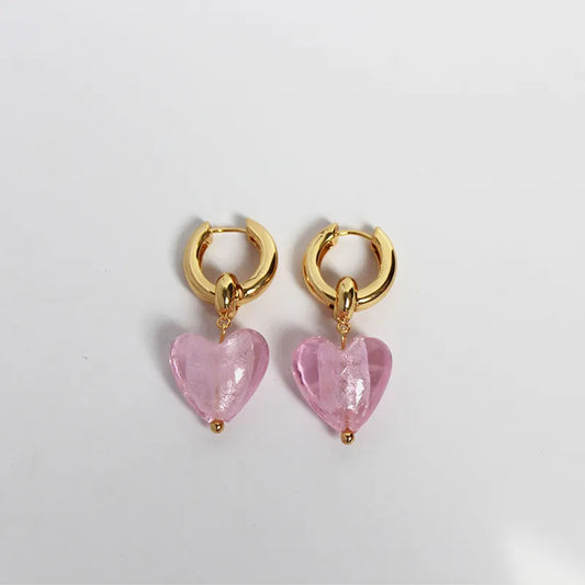 1 Pair Elegant Lady Heart Shape Inlay Brass Glass 24K Gold Plated Drop Earrings