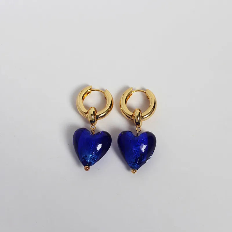 1 Pair Elegant Lady Heart Shape Inlay Brass Glass 24K Gold Plated Drop Earrings