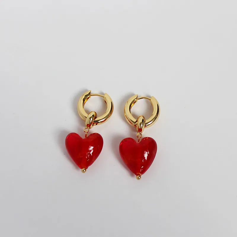 1 Pair Elegant Lady Heart Shape Inlay Brass Glass 24K Gold Plated Drop Earrings