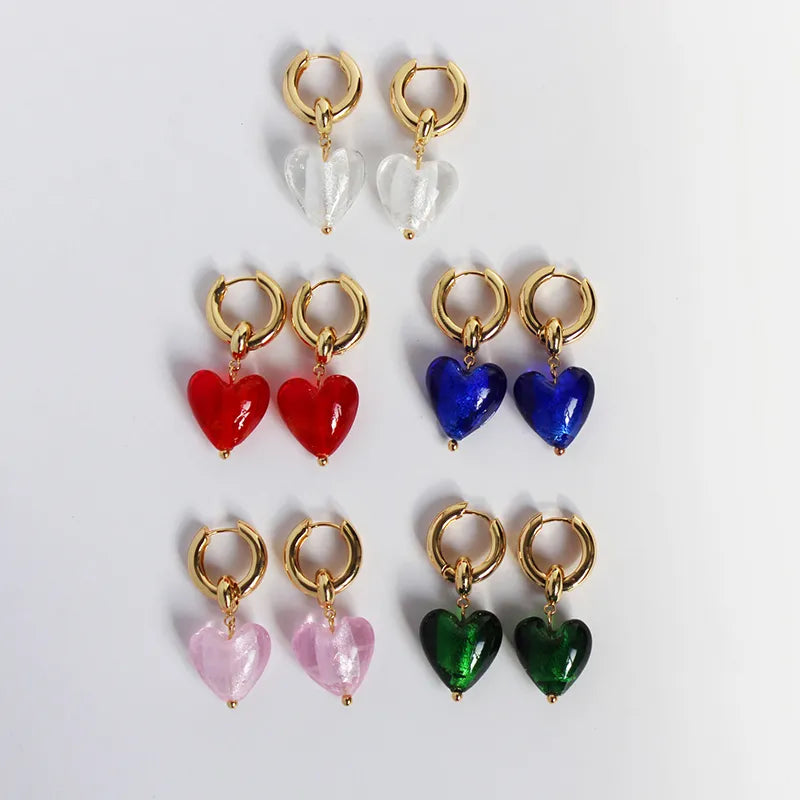 1 Pair Elegant Lady Heart Shape Inlay Brass Glass 24K Gold Plated Drop Earrings