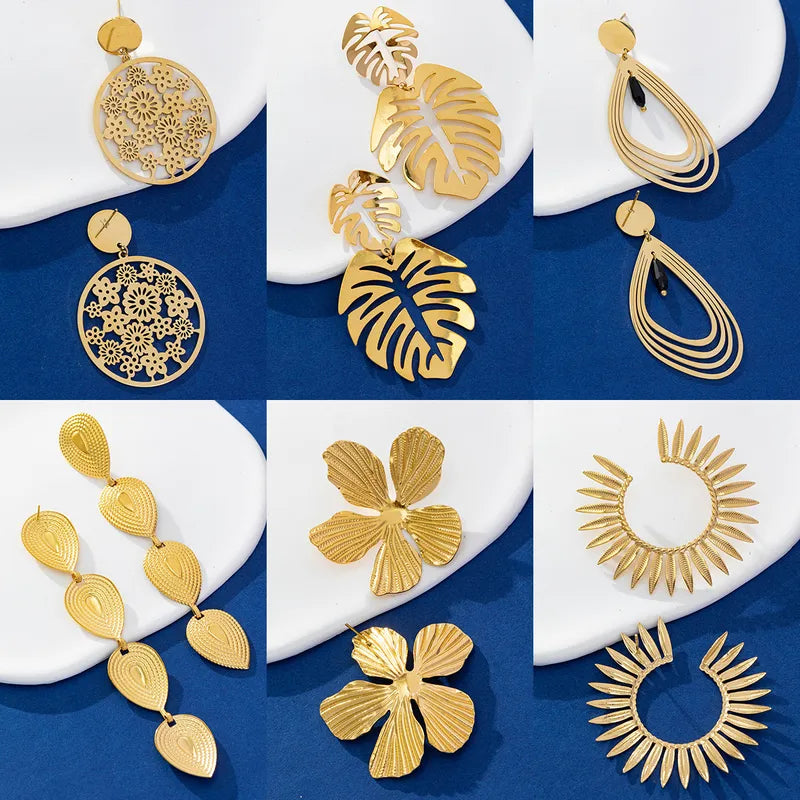 Lady Modern Style Leaf Flower Plating 316 Stainless Steel 18K Gold Plated Drop Earrings