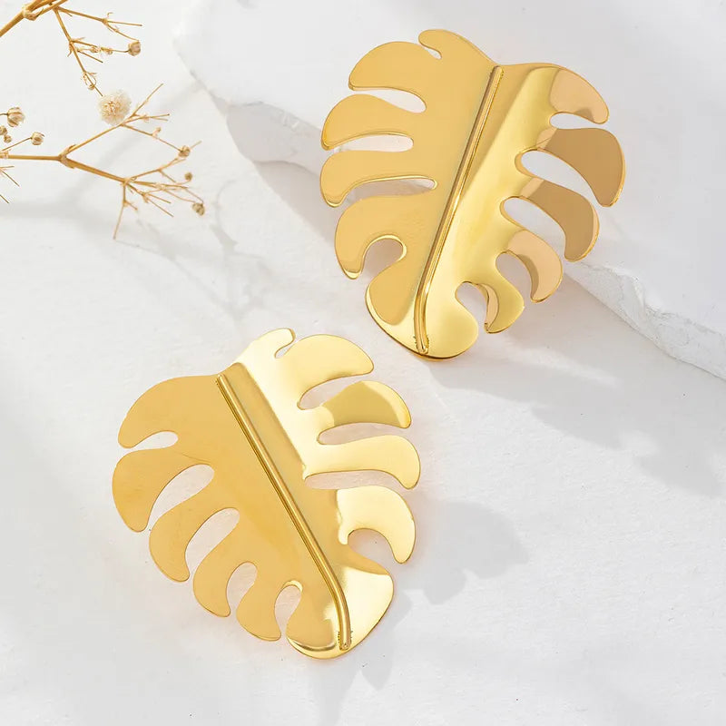 Style Leaf Flower Rhombus Plating 316 Stainless Steel 18K Gold Plated Drop Earrings\