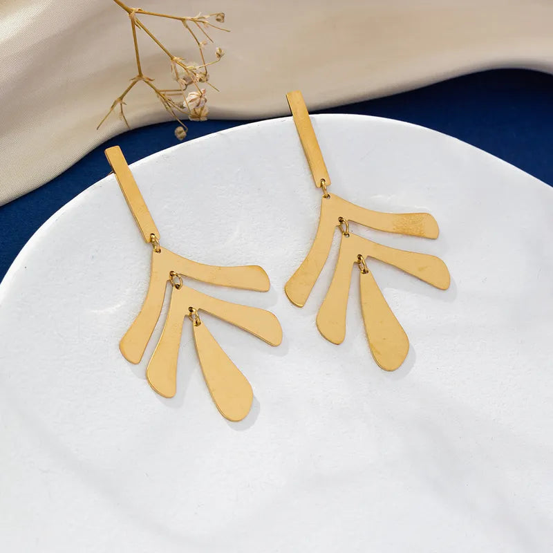 Style Leaf Flower Rhombus Plating 316 Stainless Steel 18K Gold Plated Drop Earrings\