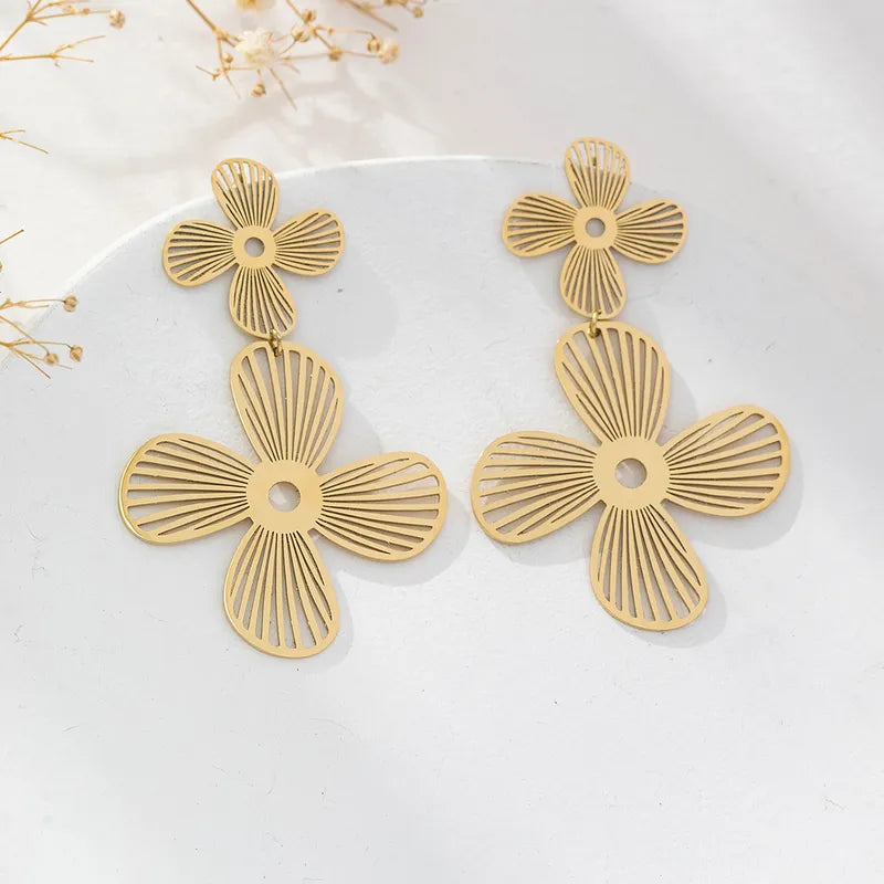 Style Leaf Flower Rhombus Plating 316 Stainless Steel 18K Gold Plated Drop Earrings\