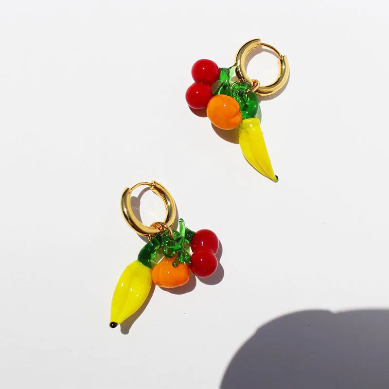 1 Pair Elegant Lady Streetwear Cherry Fruit Banana Glass Brass 24K Gold Plated Drop Earrings