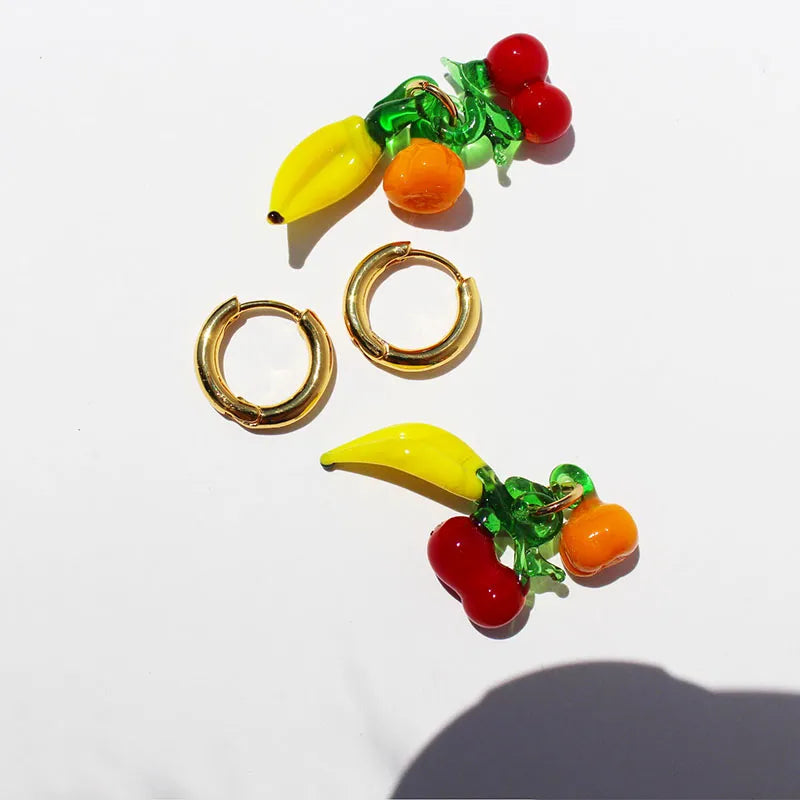 1 Pair Elegant Lady Streetwear Cherry Fruit Banana Glass Brass 24K Gold Plated Drop Earrings